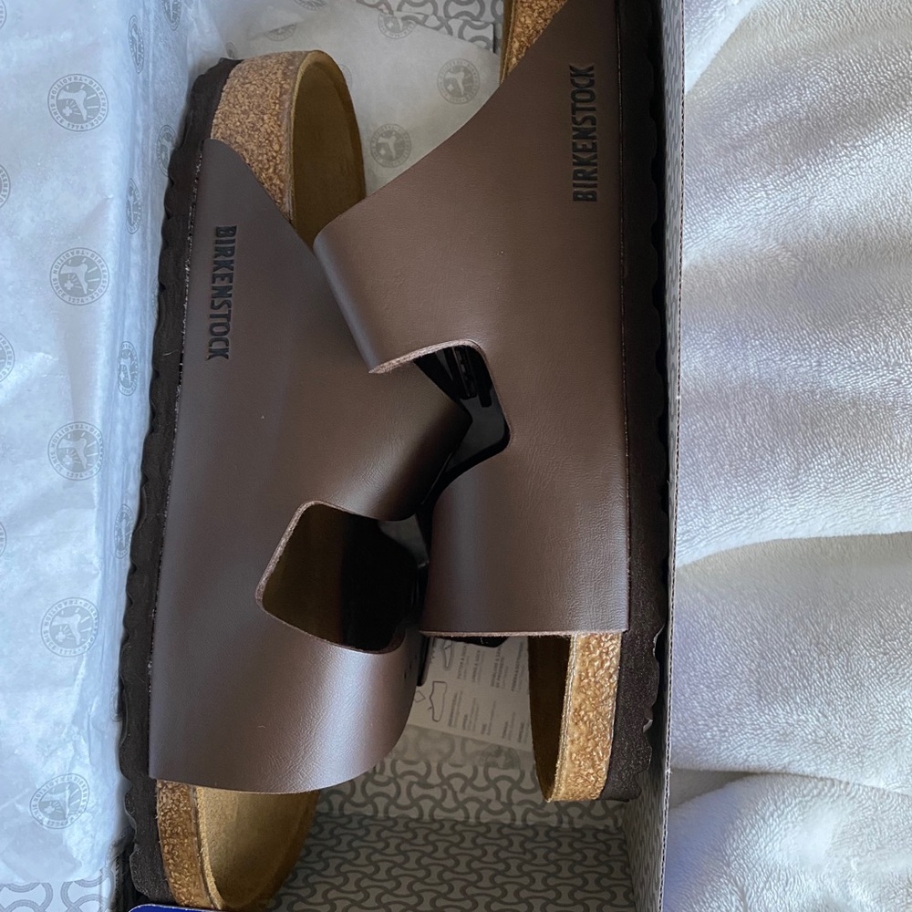 brand new, never worn, brown arizona birkenstocks